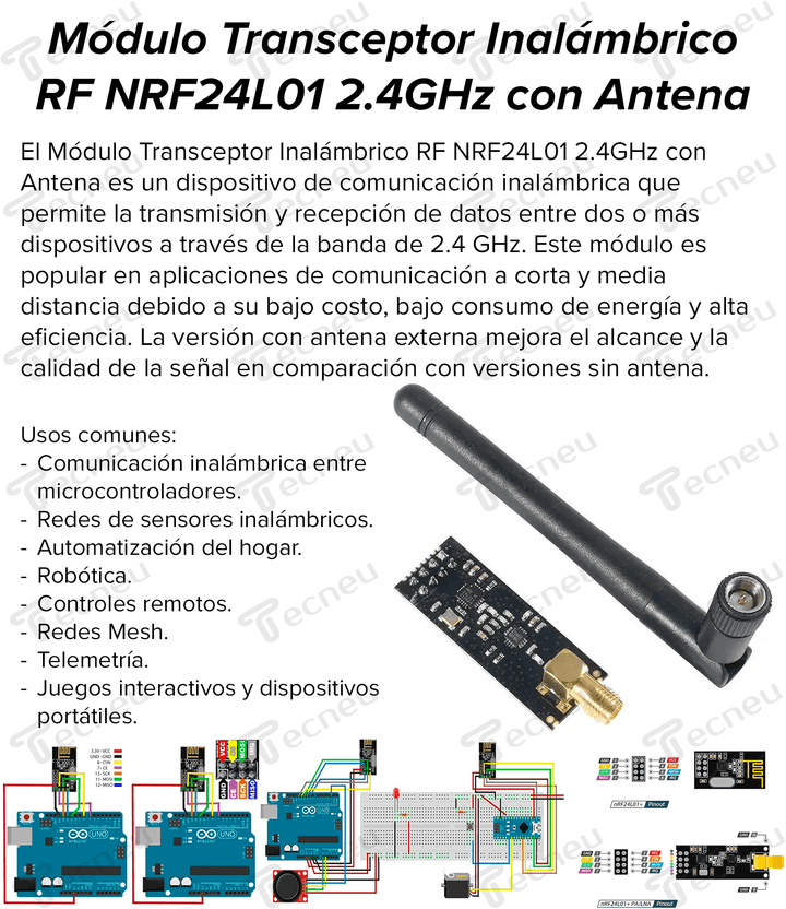Módulo Transceptor Inalámbrico Rf Nrf24l01 2.4ghz Con Antena - Tecneu
