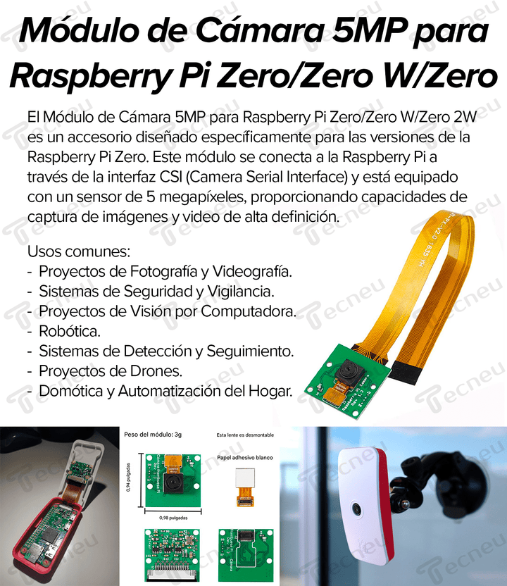 Módulo de Cámara 5MP Raspberry Pi Zero/Zero W/Zero 2W HD CSI - Tecneu