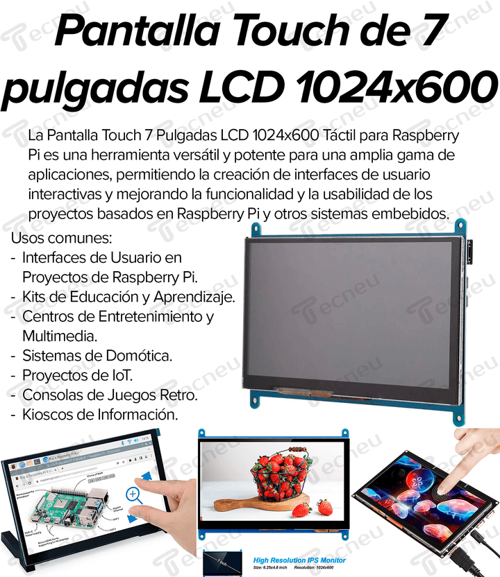 Pantalla Touch 7 Pulgadas Lcd 1024x600 Tactil Raspberry Pi - Tecneu