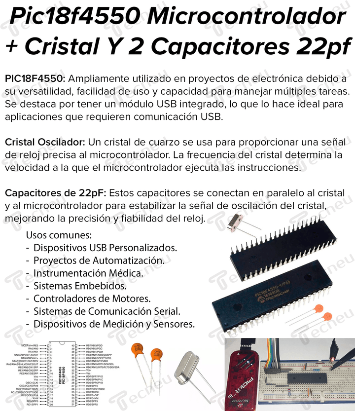 Pic18f4550 Microcontrolador + Cristal Y 2 Capacitores 22pf - Tecneu