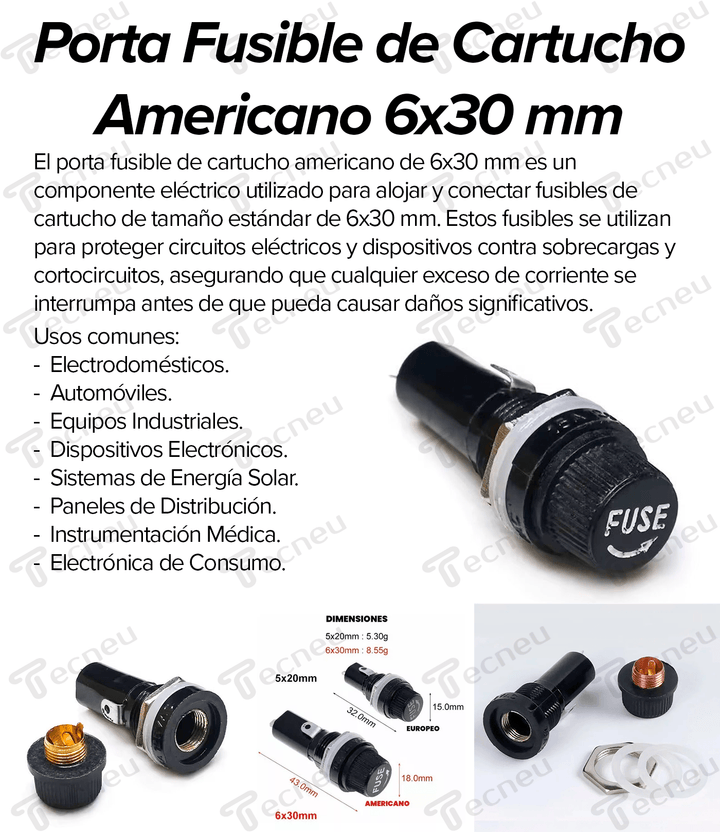 Porta Fusible de Cartucho Americano 6x30mm - Tecneu