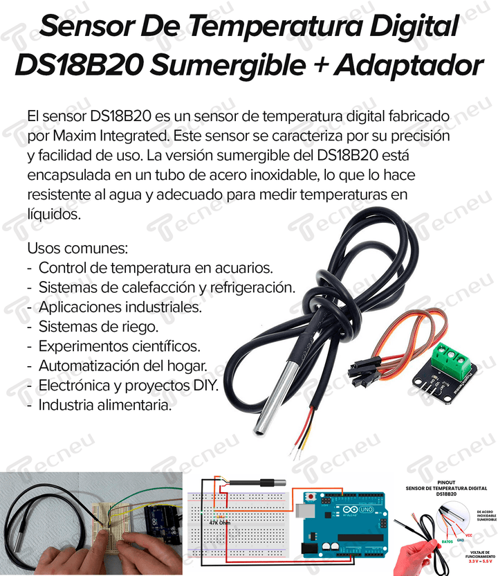 Sensor De Temperatura Digital Ds18b20 Sumergible + Adaptador - Tecneu