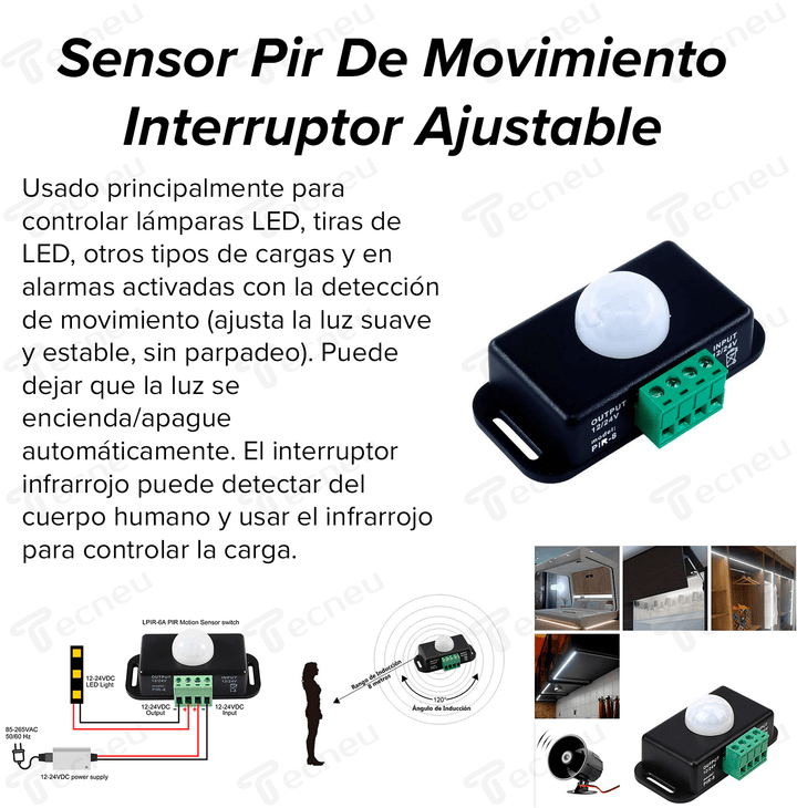 Sensor Pir De Movimiento 12v - 24v 8a Interruptor Ajustable - Tecneu