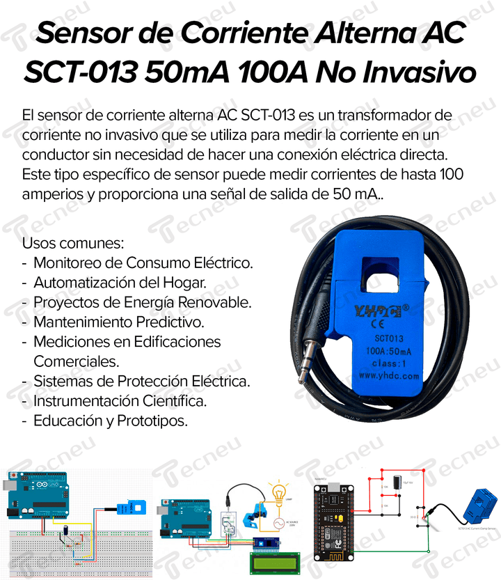 Sensor De Corriente Alterna Ac Sct - 013 50mA 100a No Invasivo - Tecneu