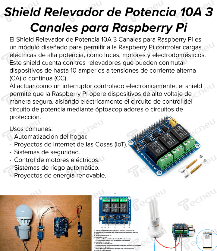Shield Relevador de Potencia 10A 3 Canales para Raspberry Pi - Tecneu