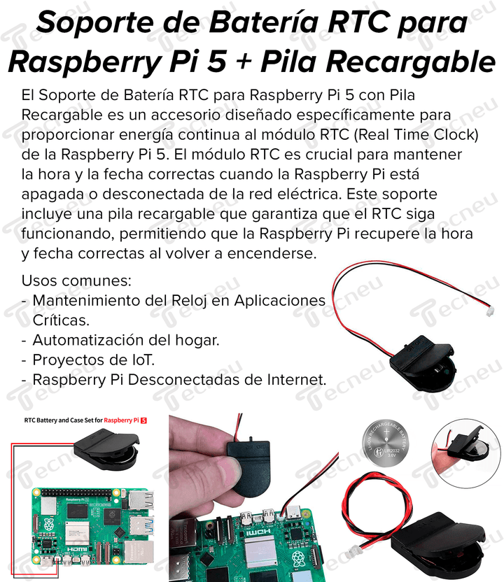 Soporte De Batería RTC Para Raspberry Pi 5 + Pila Recargable - Tecneu