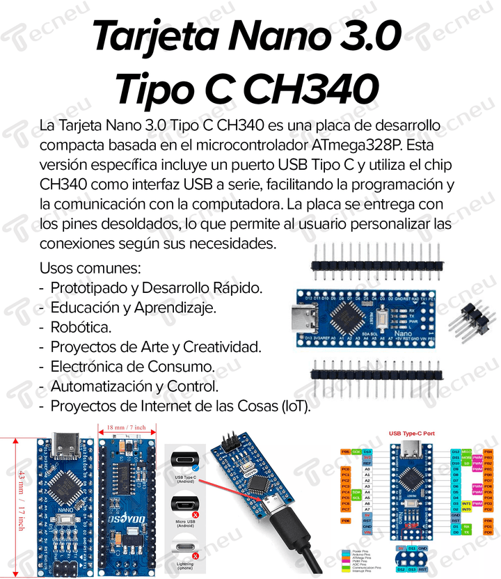 Tarjeta Nano 3.0 Tipo C CH340 Pines Desoldados - Tecneu