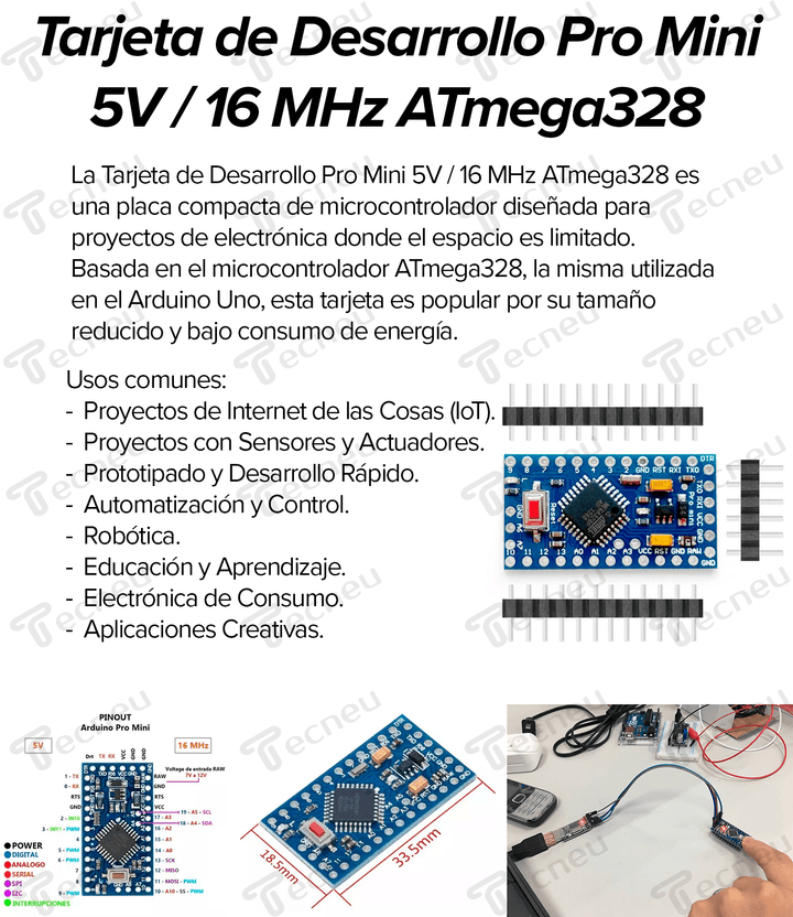 Tarjeta de desarrollo Pro Mini 5v / 16 Mhz Atmega328 - Tecneu