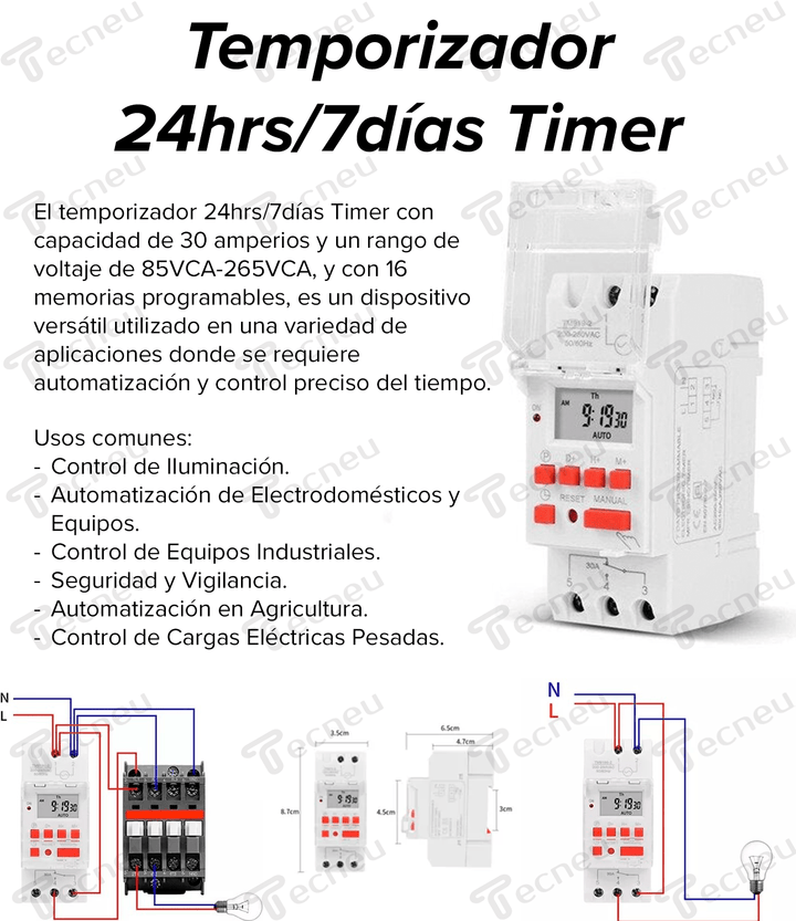 Temporizador 24hrs/7días Timer 30a 85vca - 265vca 16 Memorias - Tecneu