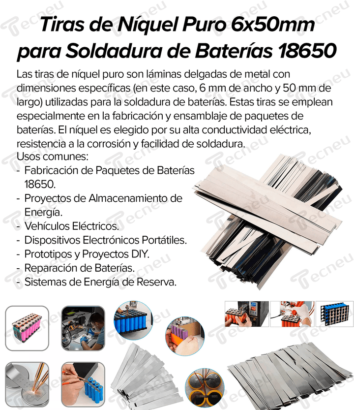 Tiras De Níquel Puro 6x50mm Soldadura Para Bateria 18650 - Tecneu