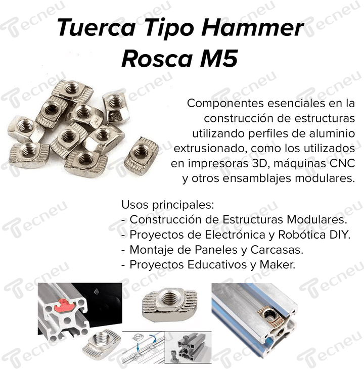 Tuerca Tipo Hammer Para Perfil 2020, 2040 Etc Rosca M5 Cnc 3d - Tecneu