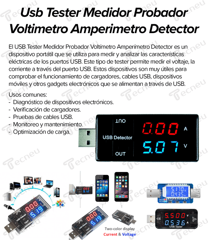 Usb Tester Medidor Probador Voltimetro Amperimetro Detector - Tecneu