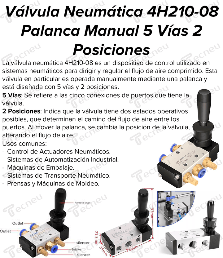 Válvula Neumática 4h210 - 08 Palanca Manual 5 Vías 2 Posiciones - Tecneu