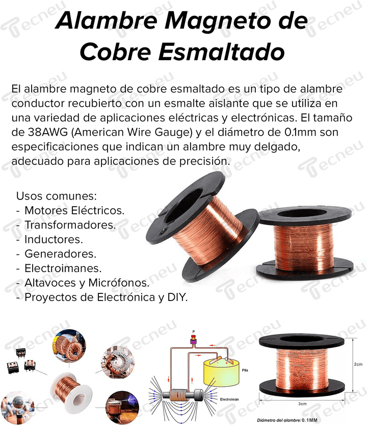 Alambre Magneto De Cobre Esmaltado 38awg 0.1mm 6.5m Motor, Bobina - Tecneu