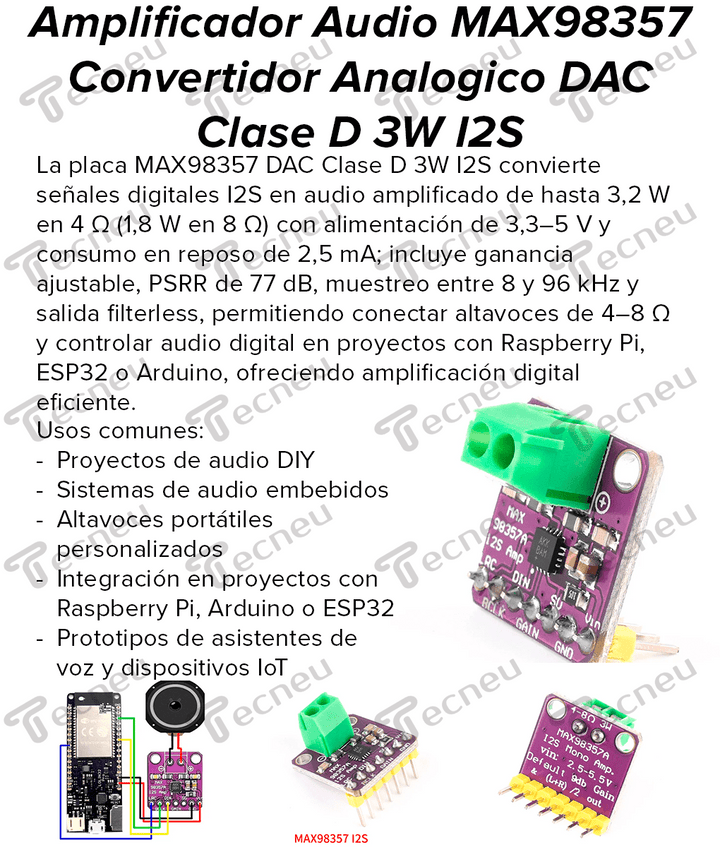 Amplificador Audio MAX98357 Convertidor Analogico DAC Clase D 3W I2S - Tecneu