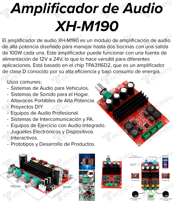 Amplificador De Audio Xh - m190 Para 2 Bocinas 100w 12v 24v - Tecneu