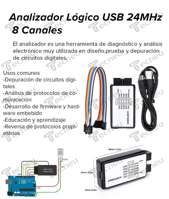 Analizador Lógico USB 24MHz 8 Canales Compatible con Logic Saleae - Tecneu