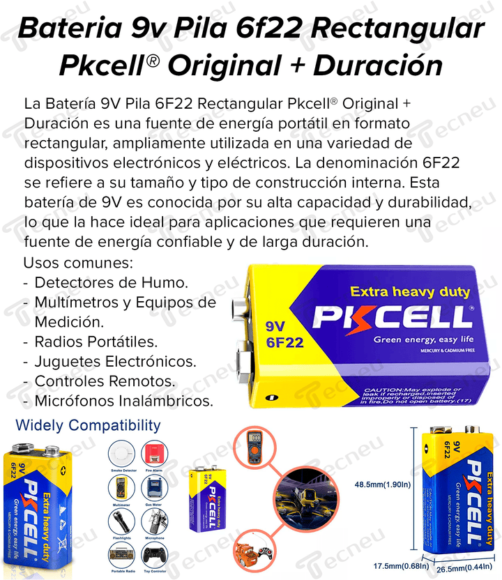 Bateria 9v Pila 6f22 Rectangular Pkcell® Original + Duración - Tecneu