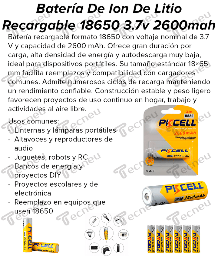 Batería De Ion De Litio Recargable 18650 3.7v 2600mah Li - ion - Tecneu