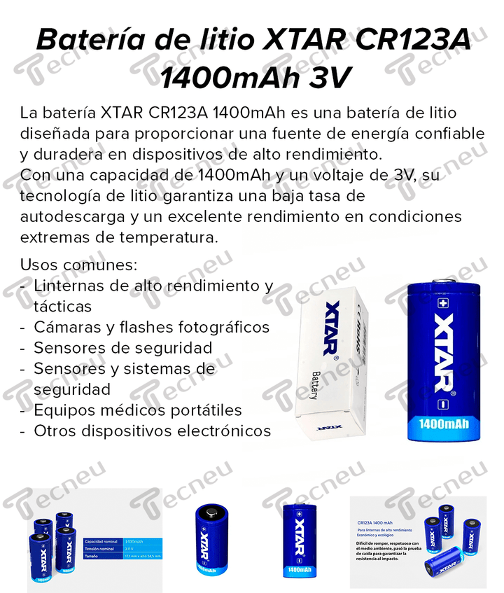 Batería de litio XTAR CR123A 1400mAh 3V - Tecneu