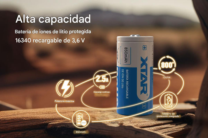 Batería Recargable Li - ion XTAR 16340 850mAh 2.5A - Tecneu