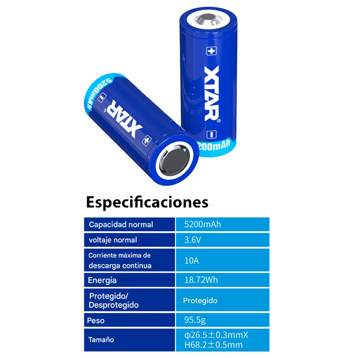 Batería Recargable XTAR 26650 5200mAh 3.7V 10A - Tecneu