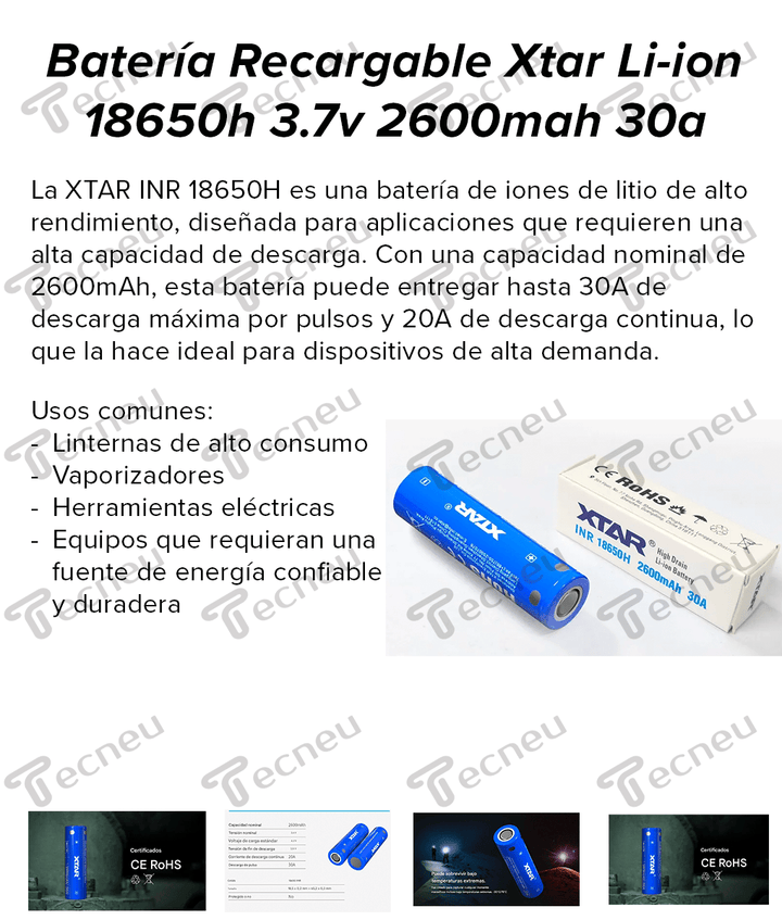 Batería Recargable XTAR INR 18650H 2600mAh 20A/30A - Tecneu