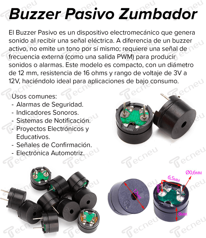 Buzzer Pasivo Zumbador 12mm 16R 3V - 12V Alarma Sonido - Tecneu