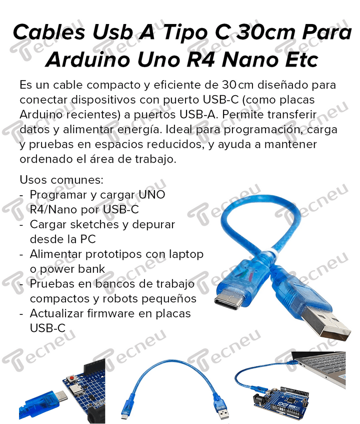 Cable USB A Tipo C de 30cm Datos para Arduino, Microcontroladores, Etc. - Tecneu