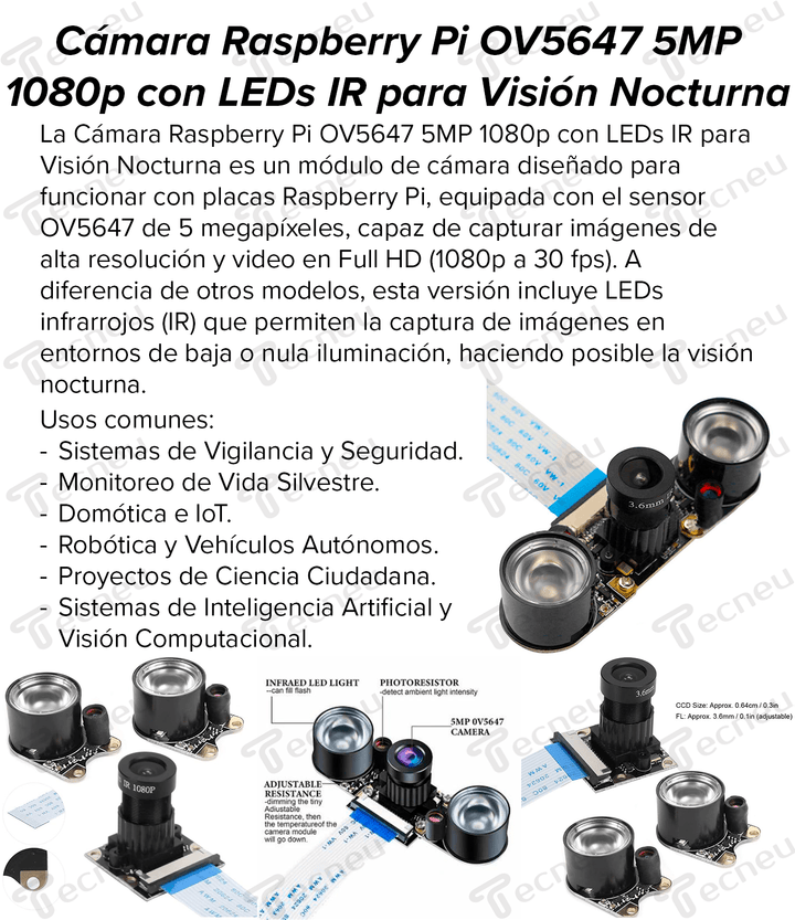 Cámara Raspberry Pi Ov5647 5mp 1080p Leds Ir Visión Nocturna - Tecneu