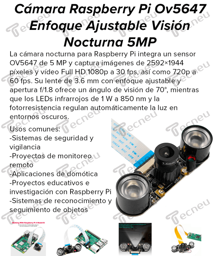 Cámara Raspberry Pi Ov5647 Enfoque Ajustable Visión Nocturna 5MP - Tecneu