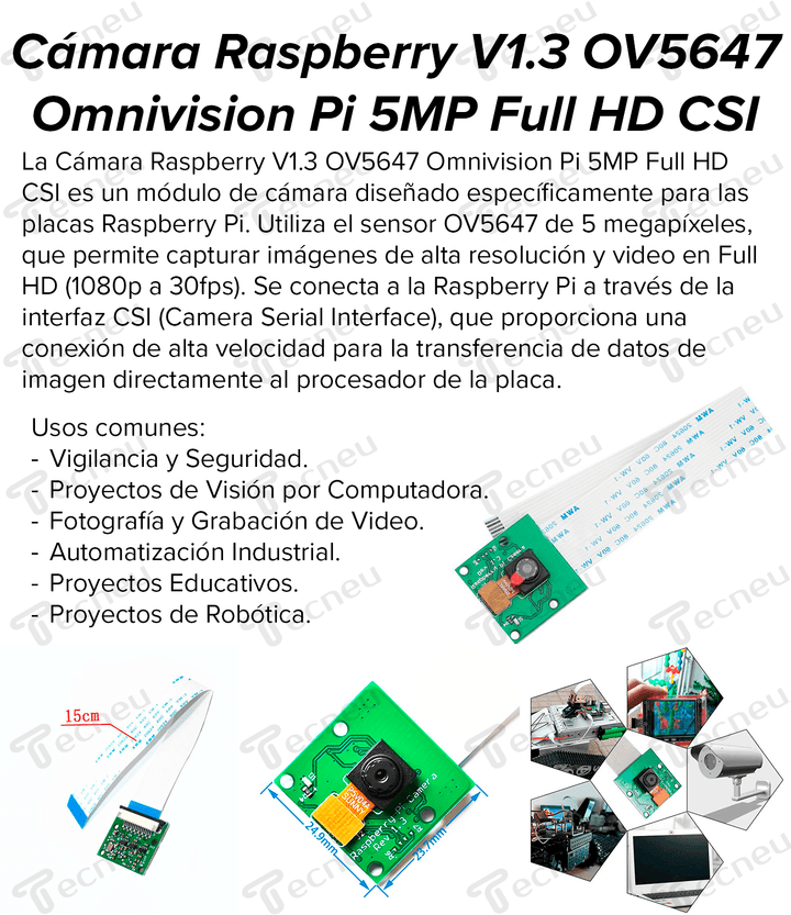 Cámara Raspberry V1.3 Ov5647 Omnivision Pi 5mpx Full HD CSI - Tecneu