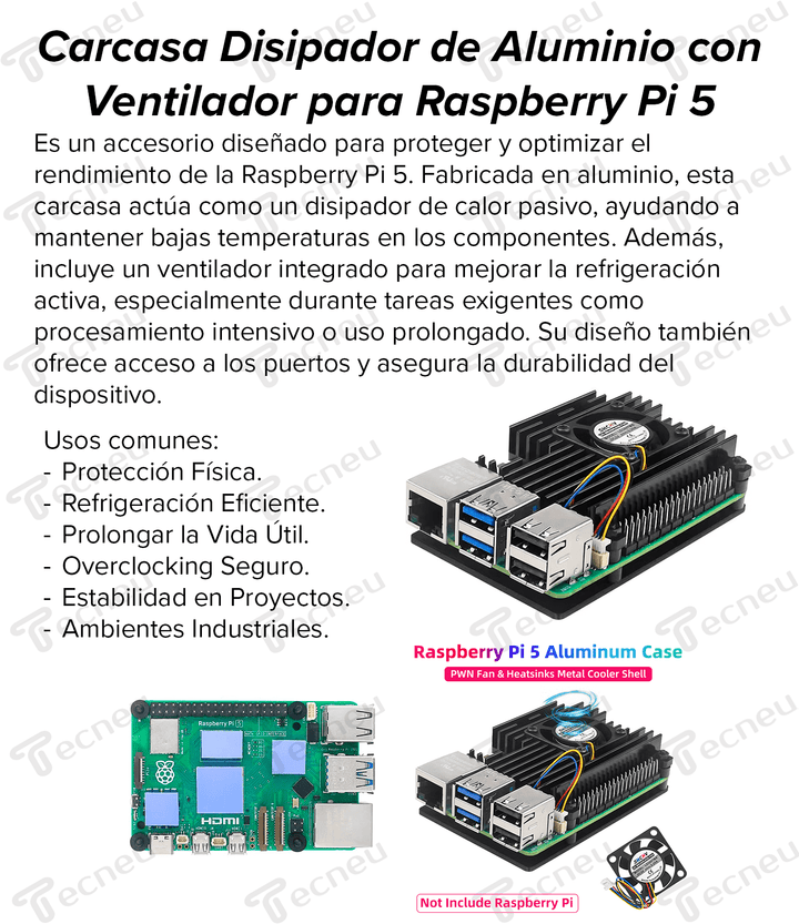 Carcasa Disipador de Aluminio con Ventilador Raspberry Pi 5 - Tecneu