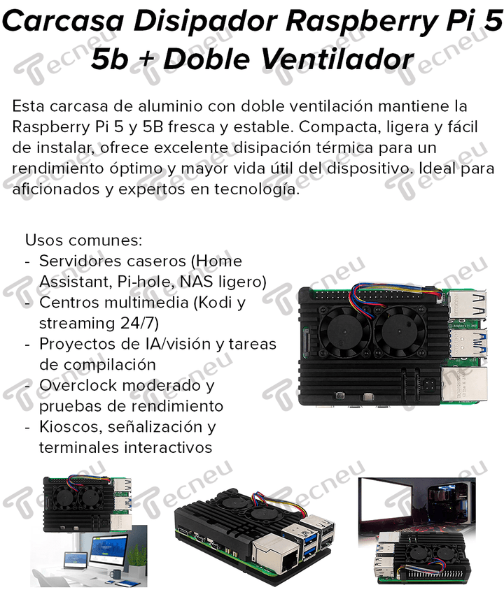 Carcasa Disipador Raspberry Pi 5 5B Metal Doble Ventilador - Tecneu