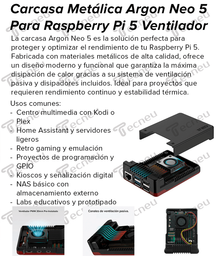 Carcasa Metálica Argon Neo 5 Raspberry Pi 5 Con Ventilación + Disipadores De Calor - Tecneu