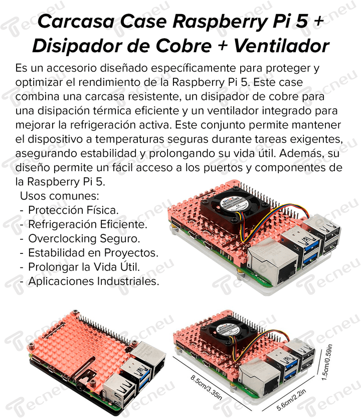 Carcasa Protector Para Raspberry Pi 5 + Disipador De Cobre + Ventilador - Tecneu