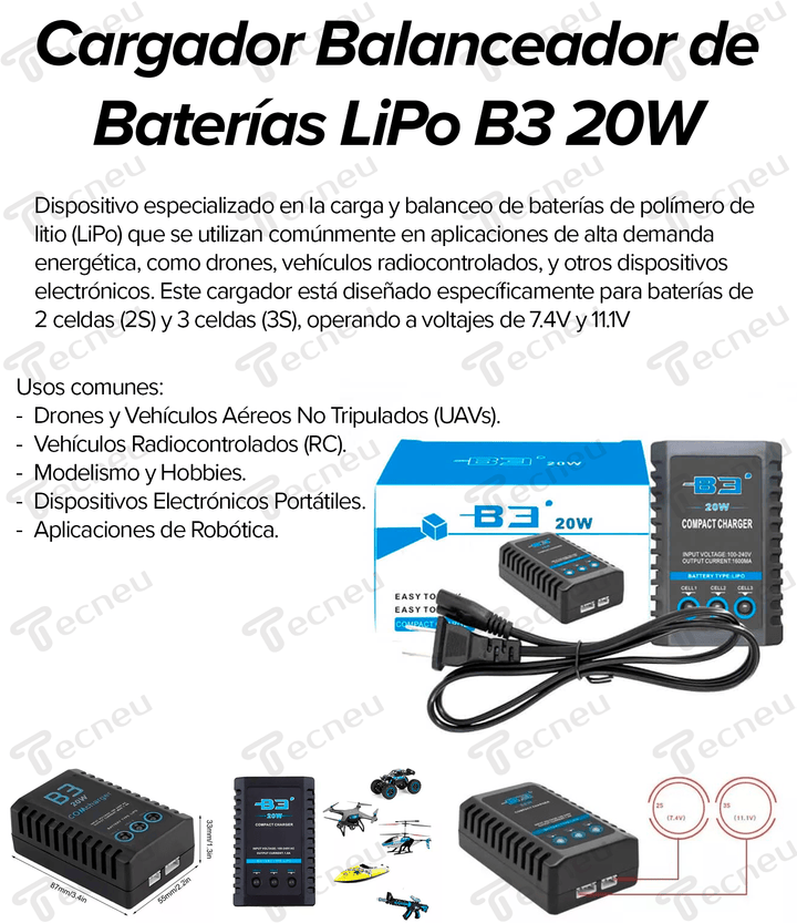 Cargador Balanceador Batería Lipo B3 20w 2s 3s 7.4v 11.1v - Tecneu