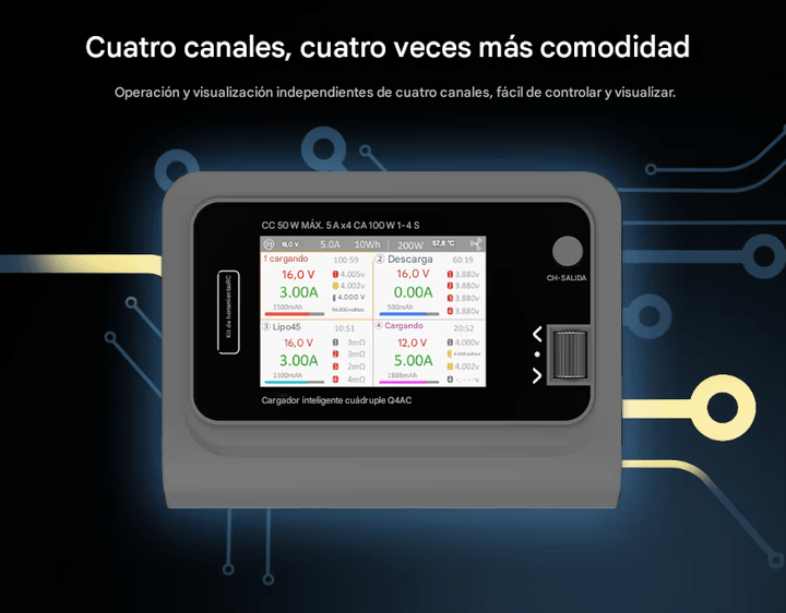 Cargador de Baterías Inteligente ToolkitRC Q4AC 4x50W 4 puertos 1 - 4S AC/DC - Tecneu