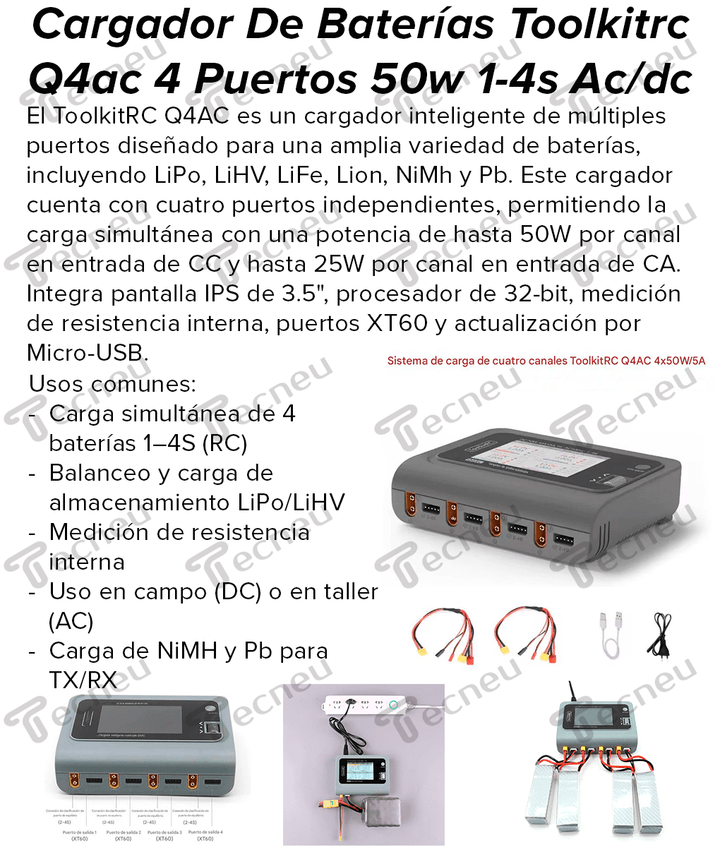 Cargador de Baterías Inteligente ToolkitRC Q4AC 4x50W 4 puertos 1 - 4S AC/DC - Tecneu