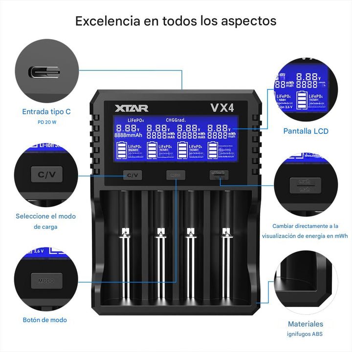 Cargador de Baterías Universal XTAR VX4 Li - ion Ni - MH LiFePO4 - Tecneu