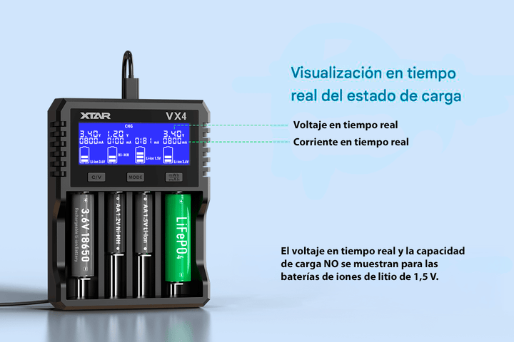 Cargador de Baterías Universal XTAR VX4 Li - ion Ni - MH LiFePO4 - Tecneu