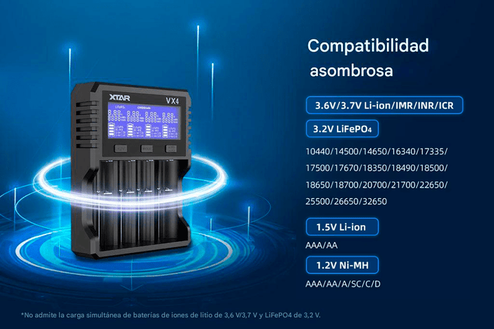 Cargador de Baterías Universal XTAR VX4 Li - ion Ni - MH LiFePO4 - Tecneu