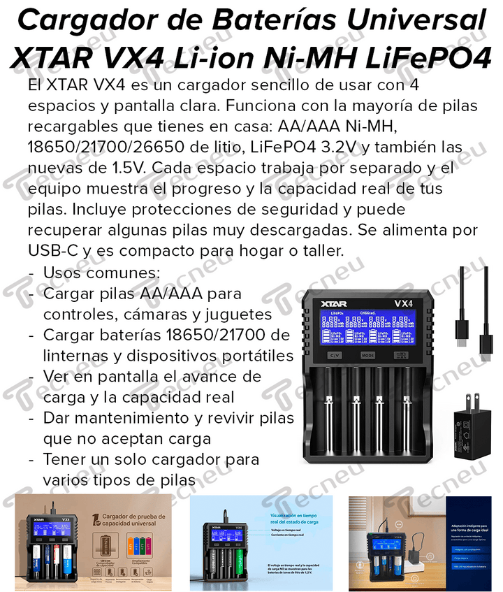 Cargador de Baterías Universal XTAR VX4 Li - ion Ni - MH LiFePO4 - Tecneu