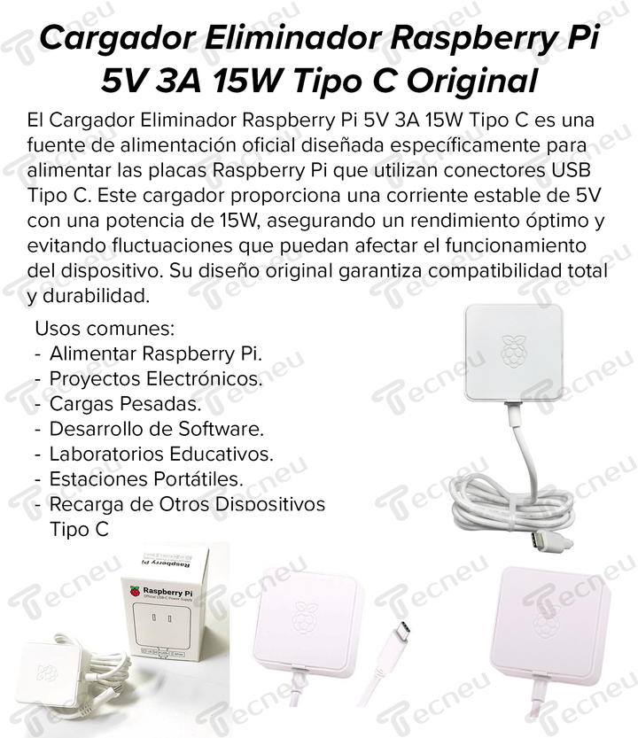 Cargador Eliminador Raspberry Pi 5V 3A 15W Tipo C Original - Tecneu