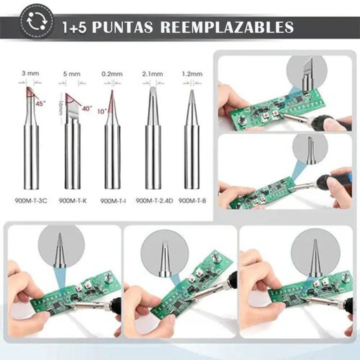Cautín Bolígrafo 60w 110v Kit Soldadura Eléctrica Ajustable Con 5 Puntas Y Soporte - Tecneu