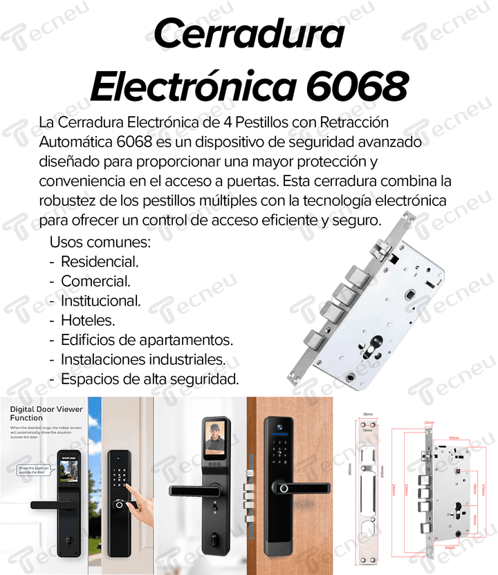 Cerradura Electrónica 4 Pestillos Retracción Automática 6068 - Tecneu