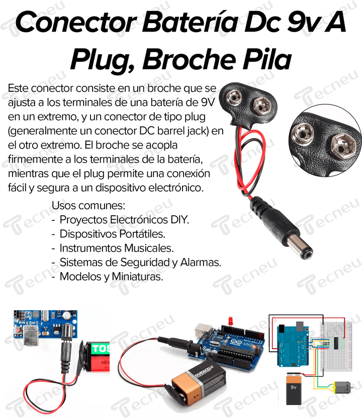 Conector Batería Dc 9v A Plug, Broche Pila - Tecneu