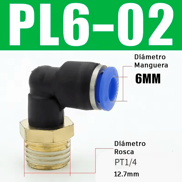 Conector Neumático en Codo Ángulo 90° PL6 - 01/02 PL8 - 01/02 1/4" 1/8" 6/8mm - Tecneu
