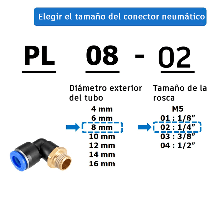 Conector Neumático en Codo Ángulo 90° PL6 - 01/02 PL8 - 01/02 1/4" 1/8" 6/8mm - Tecneu
