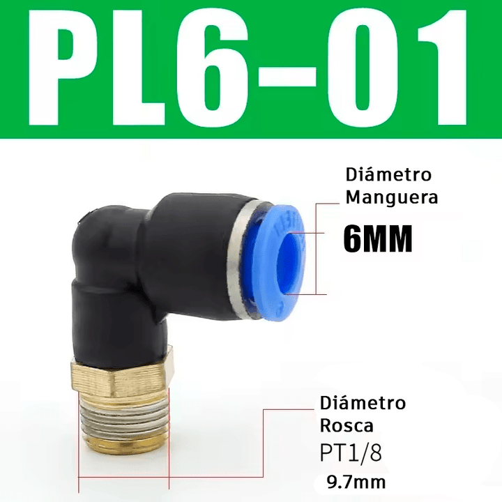 Conector Neumático en Codo Ángulo 90° PL6 - 01/02 PL8 - 01/02 1/4" 1/8" 6/8mm - Tecneu